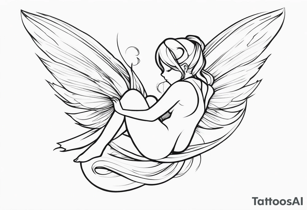 Minimalistic, monochromatic fairy with a tail flying to the left in a fetal position, leaning and looking in the same direction, with visible hands, embodying the 'Fairy Tail' logo aesthetic. tattoo idea