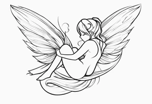 Minimalistic, monochromatic fairy with a tail flying to the left in a fetal position, leaning and looking in the same direction, with visible hands, embodying the 'Fairy Tail' logo aesthetic. tattoo idea