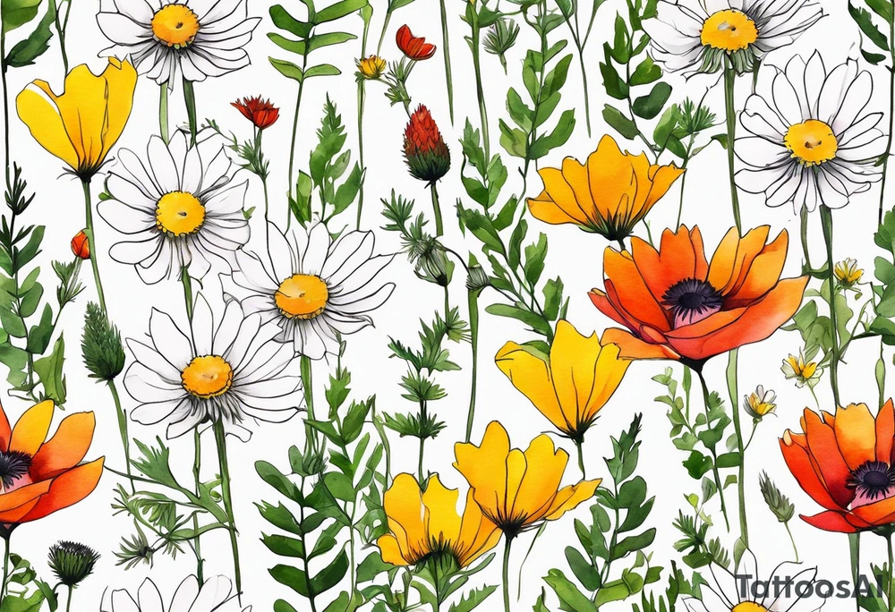 simple wildflowers cascading with thistles, ferns, white anemones, sun flowers, yellow flowers, red flowers, pink flowers, green flowers, buttercups, orange flowers, babys breath and daisies all in watercolor tattoo idea