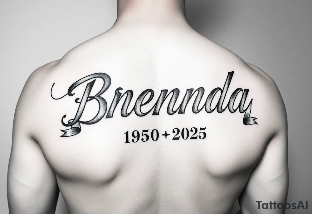 "BRENDA" going down arm
WITH RIBBONS UNDERNEATH SHOWING 1950-2025 tattoo idea