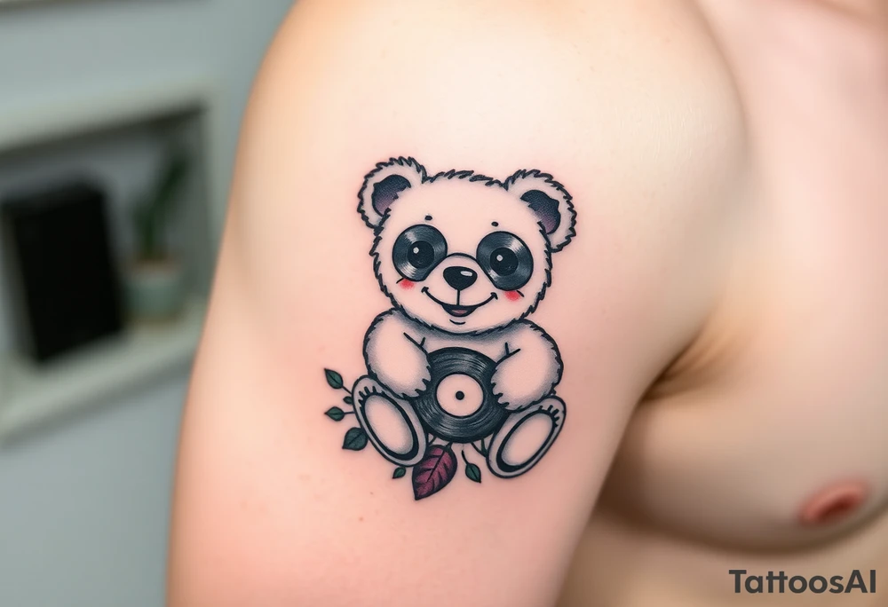 minimalist teddy bear with vinyl records as eyes smiling and sitting on a record tattoo idea