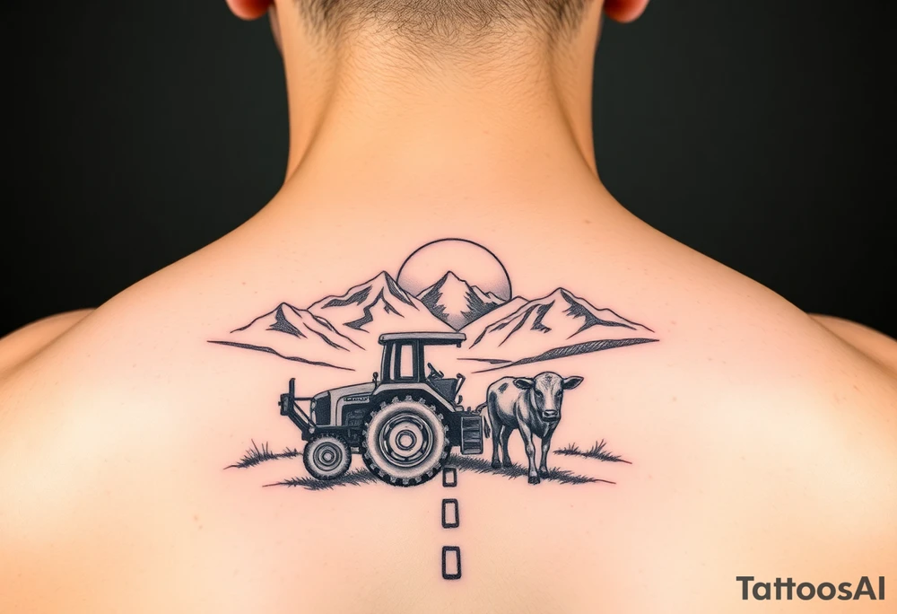 mountain, road, vantage tractor, cow, sunset tattoo idea