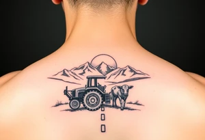 mountain, road, vantage tractor, cow, sunset tattoo idea