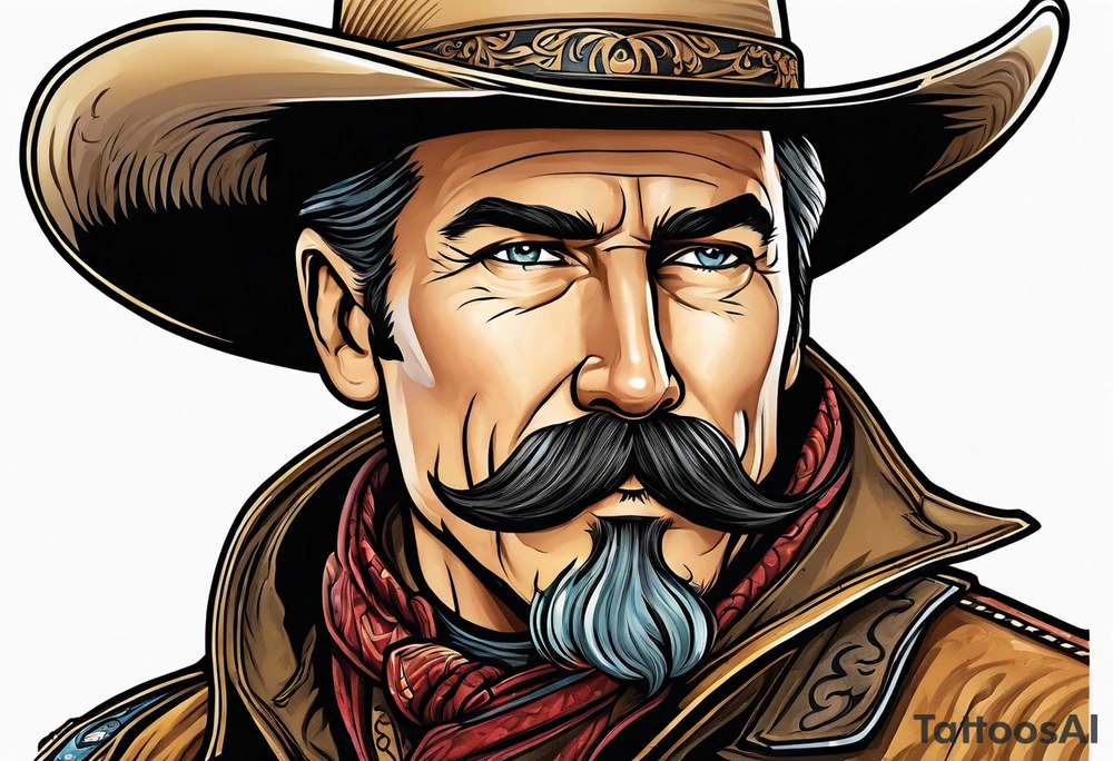 Old west cowboy with hat and large handlebar mustache tattoo idea