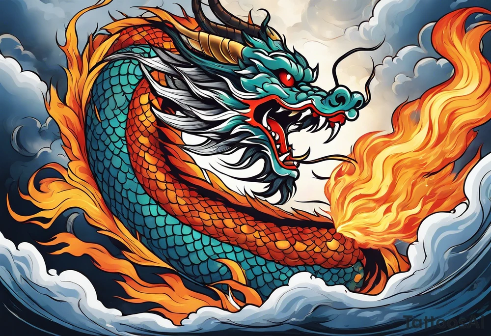 chinese dragon blowing fire while flying through a thunderstorm tattoo idea