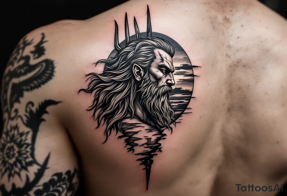 fit poseidon, behind a trident, with sunset tattoo idea