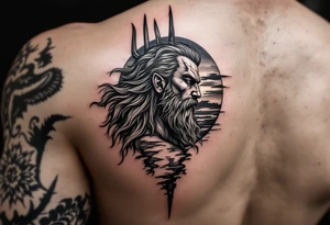 fit poseidon, behind a trident, with sunset tattoo idea