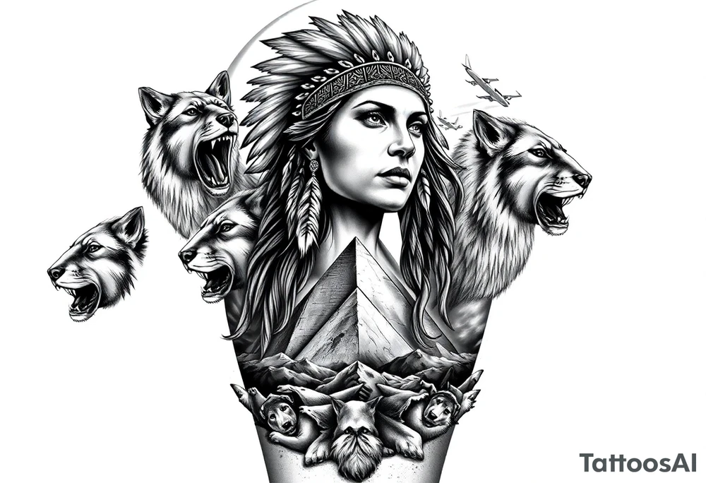 A native indian woman with surrounded by Wolves & Lions behind a Pyramids & mountain with the sun overhead & jets flying in the air tattoo idea