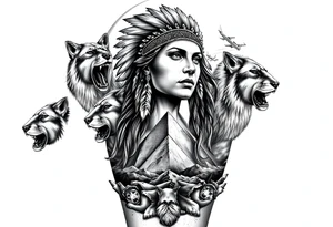 A native indian woman with surrounded by Wolves & Lions behind a Pyramids & mountain with the sun overhead & jets flying in the air tattoo idea