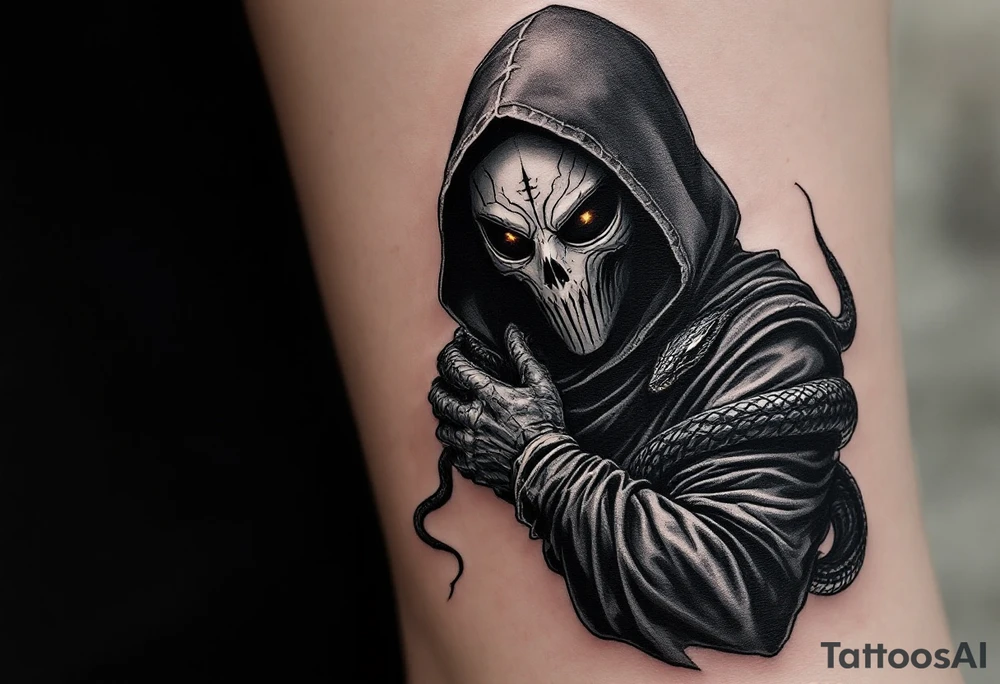 Plague Doctor with a Snake – A dark-robed doctor with a silver-gray mask, with a black viper wrapped around their arm, symbolizing healing and poison. The snake's eyes glow deep amber, adding a mystical touch. tattoo idea