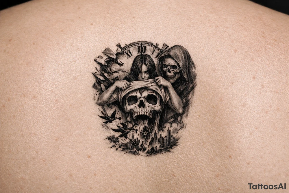 A clock being blown apart by time with a woman pulling her shirt up to reviel a skull  as her stomach puking sparrow and evil upon the world,and death is watching her cause she manipulated 
Everyone tattoo idea