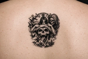 A clock being blown apart by time with a woman pulling her shirt up to reviel a skull  as her stomach puking sparrow and evil upon the world,and death is watching her cause she manipulated 
Everyone tattoo idea