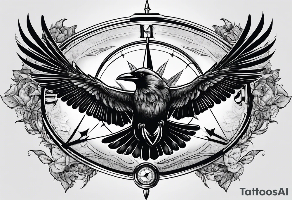 flying crow with compass and two wings tattoo idea