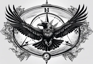 flying crow with compass and two wings tattoo idea