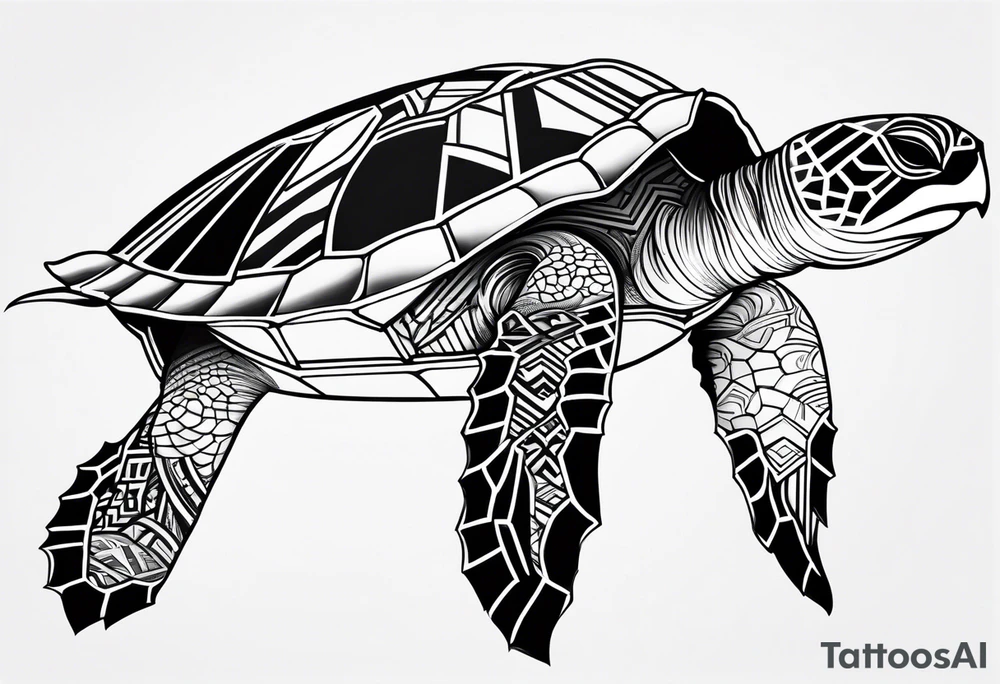 Full leg sleeve sea turtle and tribal and geometric tattoo idea