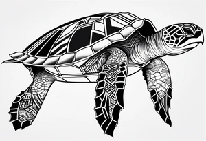Full leg sleeve sea turtle and tribal and geometric tattoo idea