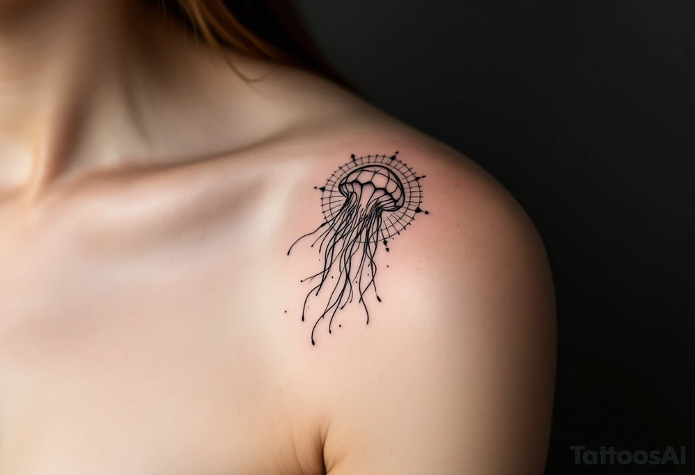 minimal fine-line tattoo, single jellyfish, sacred geometry surround, dotwork patterns, jellyfish bell dome, flowing tentacles, trailing streamers, geometric mandala, radiating dotwork, minimalist design, black grey lines, soft shading, no outlines, geometric frame, organic jellyfish form, upper arm shoulder placement, light airy feel, delicate linework, geometric backdrop, clean lines, radiating patterns, simple jellyfish centerpiece tattoo idea