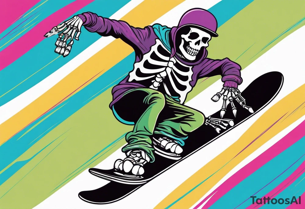 Black and grey skeleton riding a colorful snowboard doing a tail grab with a shot of whiskey in its hand tattoo idea