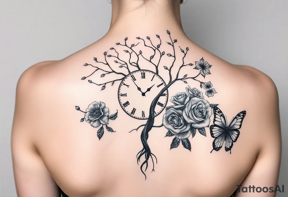 a clock, poisoned tree, big and small roses, big and small butterflies tattoo idea