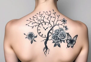a clock, poisoned tree, big and small roses, big and small butterflies tattoo idea