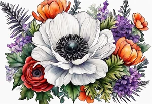 a white anemone with black center with cascading thistles, ferns, ranuculus, and sun flowers, red flowers, orange flowers, purple flowers all in watercolor tattoo idea