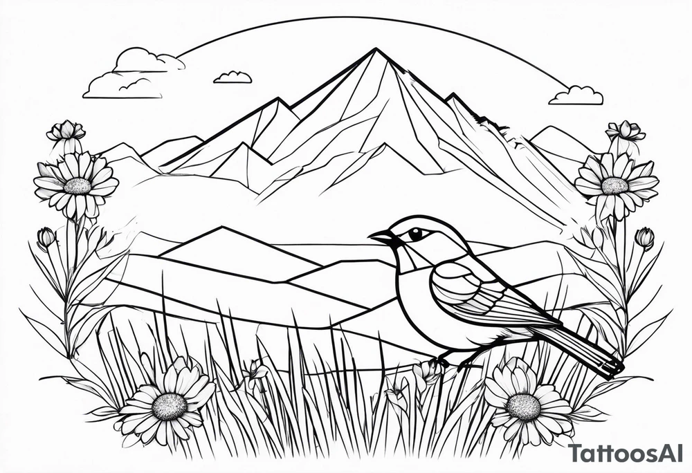 Geometric Black and white blue bird outline sitting in grass and daisys with mountains in the background tattoo idea