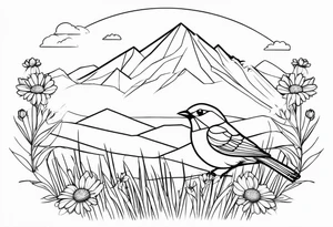 Geometric Black and white blue bird outline sitting in grass and daisys with mountains in the background tattoo idea