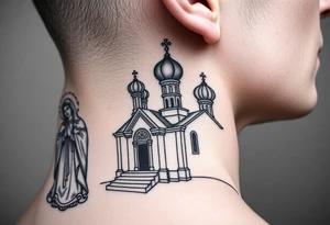 medium sized Russian orthodox church with bulb domes with a prominent russian orthodox style virgin mary stood outside to the left tattoo idea
