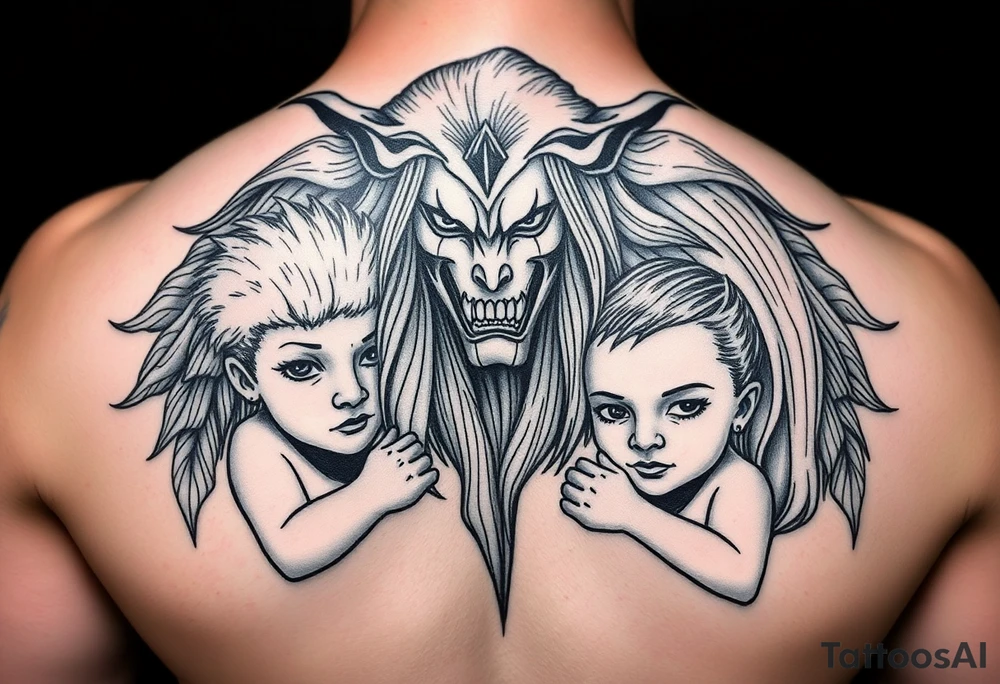 Powerful mother protecting her children with Names are Elliot,Chukya, and Lailah. Something showing motherhood tattoo idea