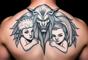 Powerful mother protecting her children with Names are Elliot,Chukya, and Lailah. Something showing motherhood tattoo idea