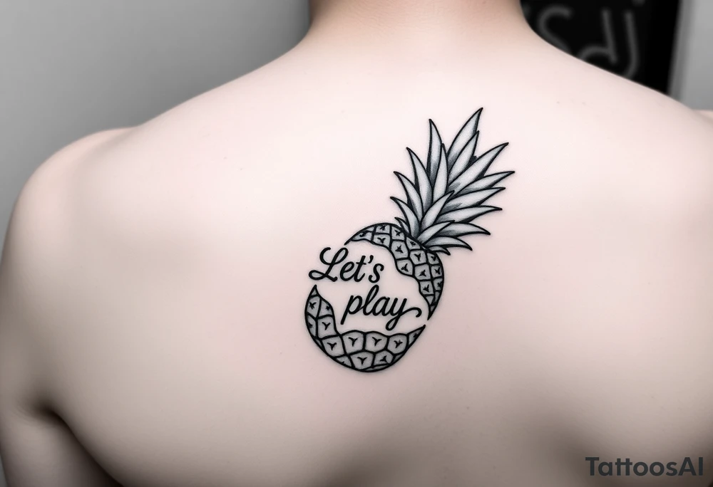 A black ink wrist tattoo featuring a realistic yet minimalistic pineapple. The pineapple is finely detailed with clean, precise lines, capturing the natural texture of the fruit while keeping the design subtle and uncluttered. Inside the body of the pineapple, the phrase "Let's play" is clearly placed in a bold but not overly thick font, ensuring readability while maintaining balance with the overall design. The leaves of the pineapple have a fine-line style with slight variations in thickness for a natural feel. The tattoo blends fine details with subtle bold elements, creating a clean and modern aesthetic. tattoo idea