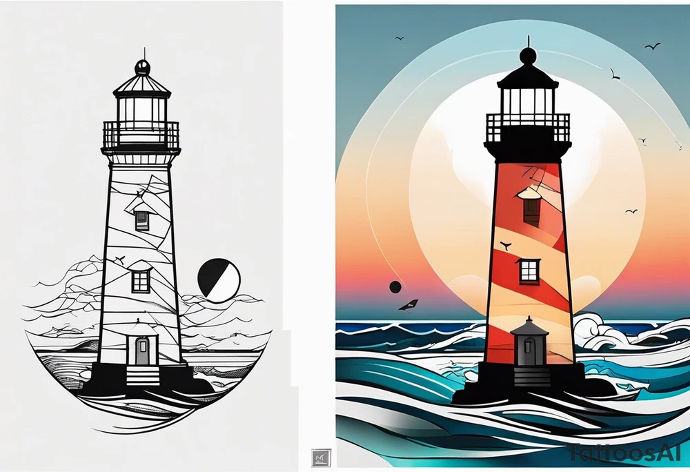 lighthouse very fine line and very delicate tattoo, geometric colored, bit not soo colored. also rough sea close to the lighthouse with a sunset tattoo idea