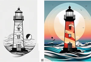lighthouse very fine line and very delicate tattoo, geometric colored, bit not soo colored. also rough sea close to the lighthouse with a sunset tattoo idea