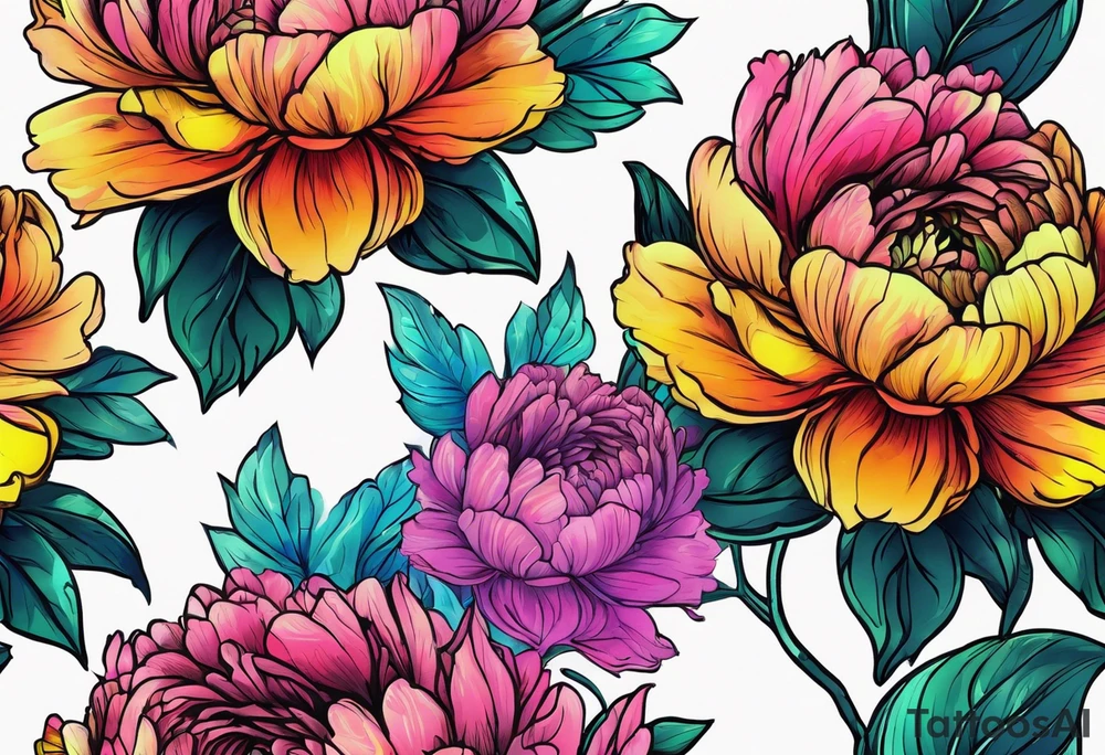 beautiful. colorful, neon, multicolored peony, white background, highly detailed, new school, new school style, street style, streetwear, urban wear tattoo idea