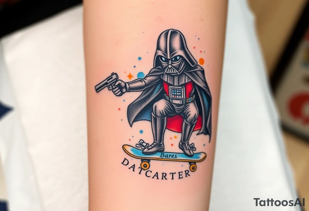 Darth Vader skateboarding holding gun > bullets > memorial > god > colors > futuristic 
add name "Darth Carter" on skateboard
add date in loving memory 12/29/88-01/06/24 tattoo idea
