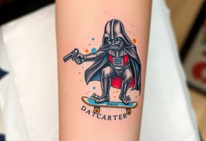 Darth Vader skateboarding holding gun > bullets > memorial > god > colors > futuristic 
add name "Darth Carter" on skateboard
add date in loving memory 12/29/88-01/06/24 tattoo idea