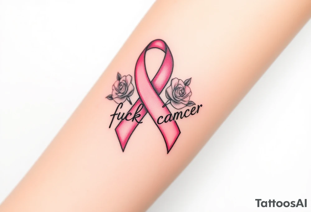 Pretty pink Cancer ribbon that says "fuck cancer"with roses tattoo idea
