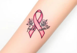 Pretty pink Cancer ribbon that says "fuck cancer"with roses tattoo idea