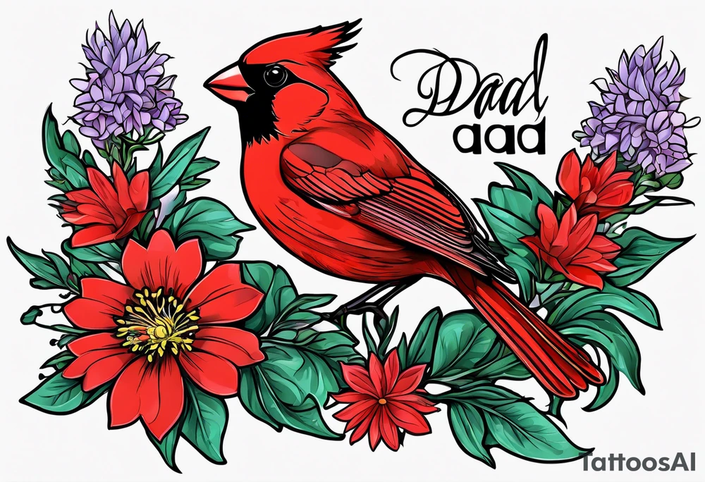 Aster flowers and sea rocket flowers with a cardinal around the words Dad tattoo idea