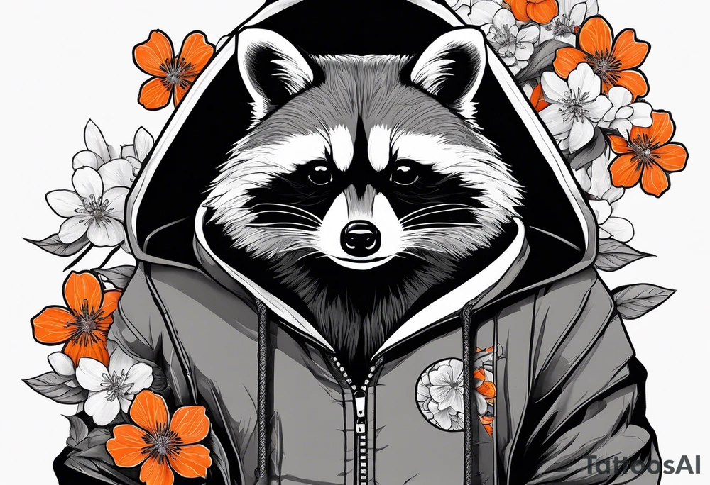 raccoon wearing a black and white Superman hoodie and orange Japanese cherry blossoms tattoo idea