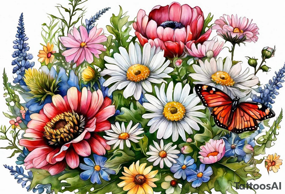 an oval of wildflowers cascading with thistles, ferns, white anemones, sun flowers, buttercups, pink flowers, red flowers, babys breath and daisies all in watercolor tattoo idea