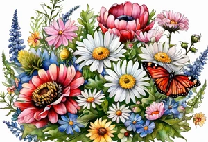 an oval of wildflowers cascading with thistles, ferns, white anemones, sun flowers, buttercups, pink flowers, red flowers, babys breath and daisies all in watercolor tattoo idea