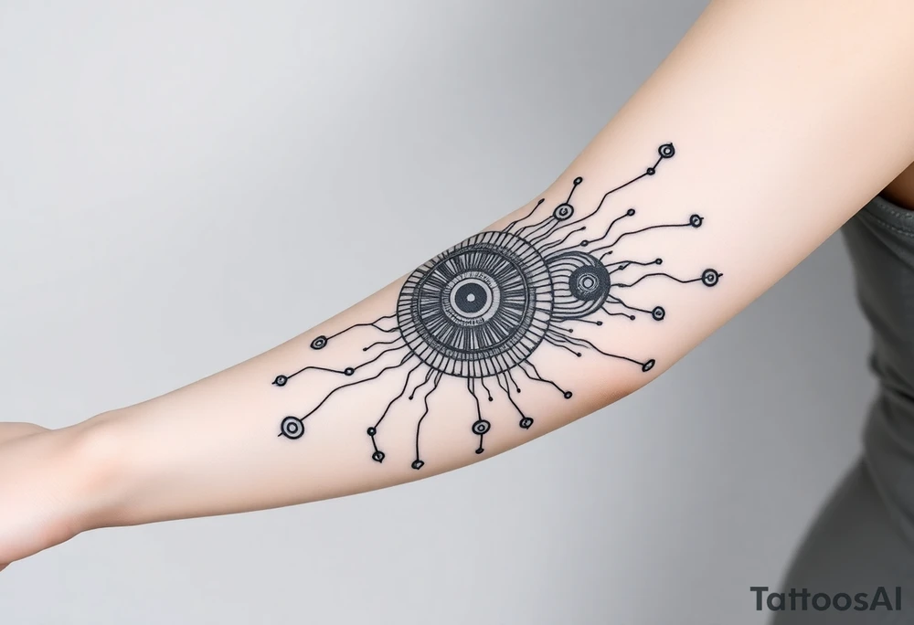 Bio-Mechanical internal computer, binary code, symbolism for 6 kids, 5 boys and youngest is a girl tattoo idea