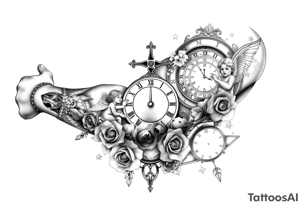 Roulette casino and princess and jesus on cross, baby angels, roses and clock and stars and fish tattoo idea