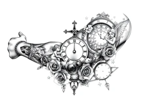 Roulette casino and princess and jesus on cross, baby angels, roses and clock and stars and fish tattoo idea