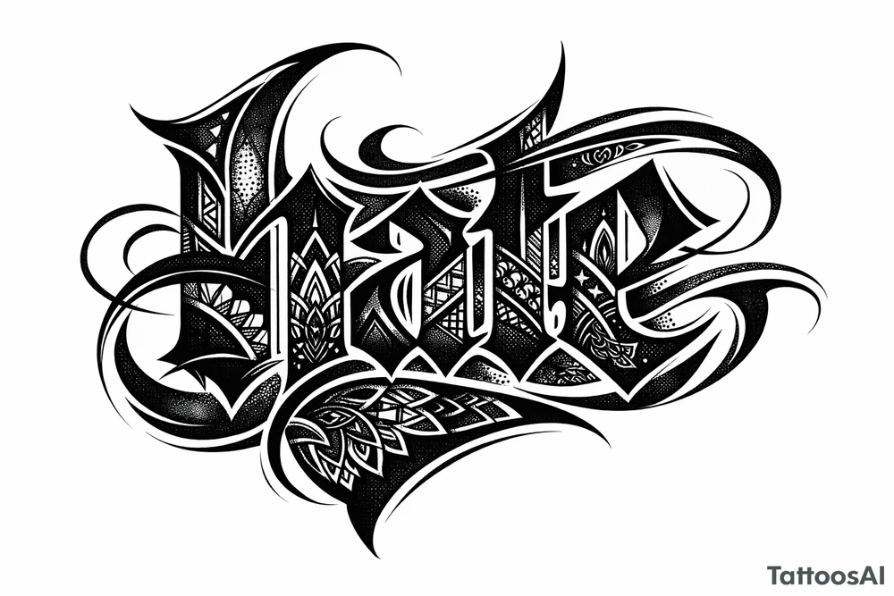 Blackwork script with sharp, angular lines spelling 'hate' with intricate geometric patterns. tattoo idea