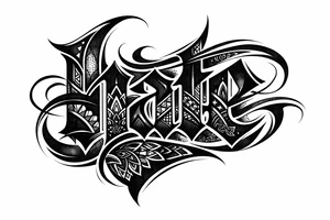 Blackwork script with sharp, angular lines spelling 'hate' with intricate geometric patterns. tattoo idea