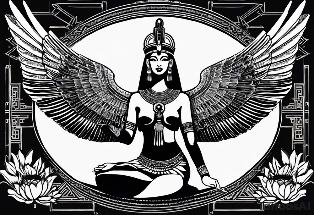 black and white Egyptian goddess Isis, who is often depicted as a woman with outstretched wings, holding an ankh (a symbol of life) in one hand and a lotus flower in the other. Her headdress often includes a throne or a solar disk. The tattoo design can vary in style and size, but it typically aims to capture the essence of this revered Egyptian deity, emphasizing her beauty, power, and maternal qualities. The choice of colors and additional elements can also be customized to create a unique and visually striking representation of the goddess Isis tattoo idea