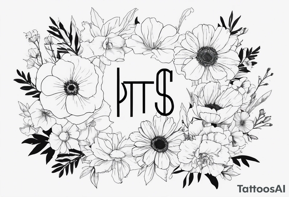 I want a BTS kpop group tattoo where the members flower month are made into a bouquet and the love yourself album cover is ingraded into the background in white, with a number 7 somewhere tattoo idea