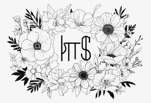 I want a BTS kpop group tattoo where the members flower month are made into a bouquet and the love yourself album cover is ingraded into the background in white, with a number 7 somewhere tattoo idea